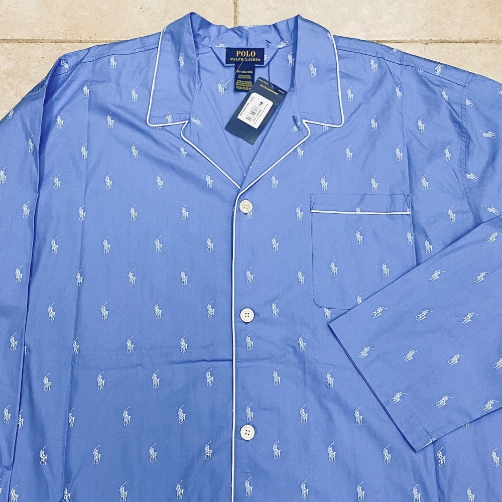Polo Ralph Lauren Pajama Shirt Mens 2XT Blue Pony Logo Button Up Sleepwear